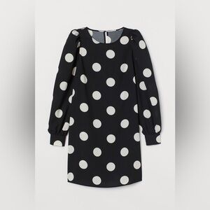 H&M Polka Dot Puff Sleeve Dress Black White Crêpe Mini Size L Twee Preppy